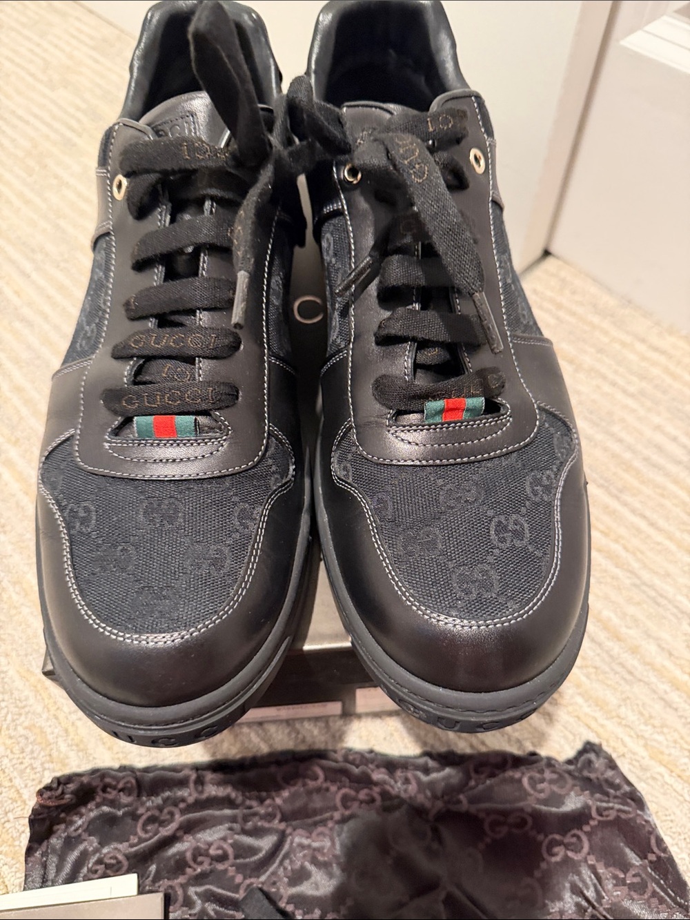 Gucci Black GG Canvas Sneakers with Red-Green Web Accent